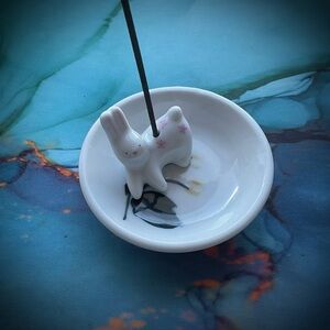 HANDCRAFTED BUNNY RABBIT INCENSE HOLDER BURNER made with a dish from Japan